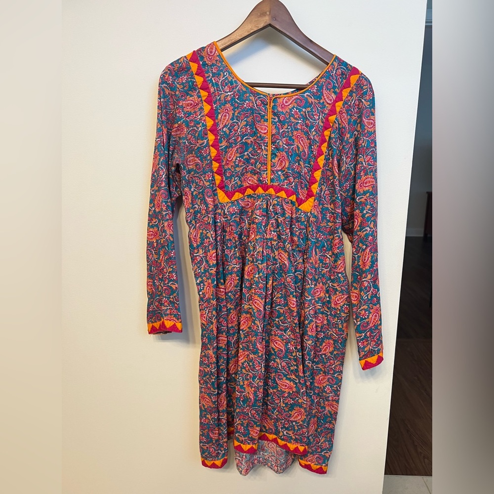 Long sleeved dress, multi colored and pattern. Hand made in Pakistan